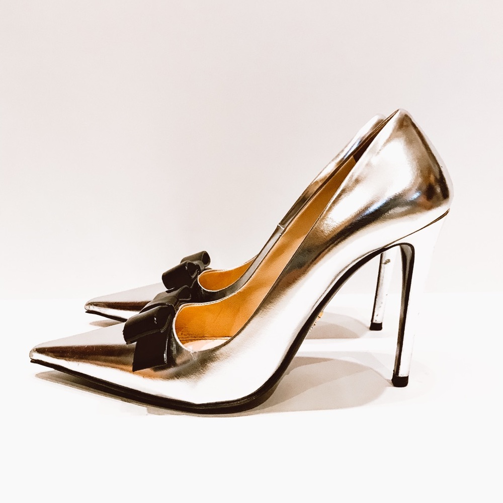 Prada silver stilettos with black bow